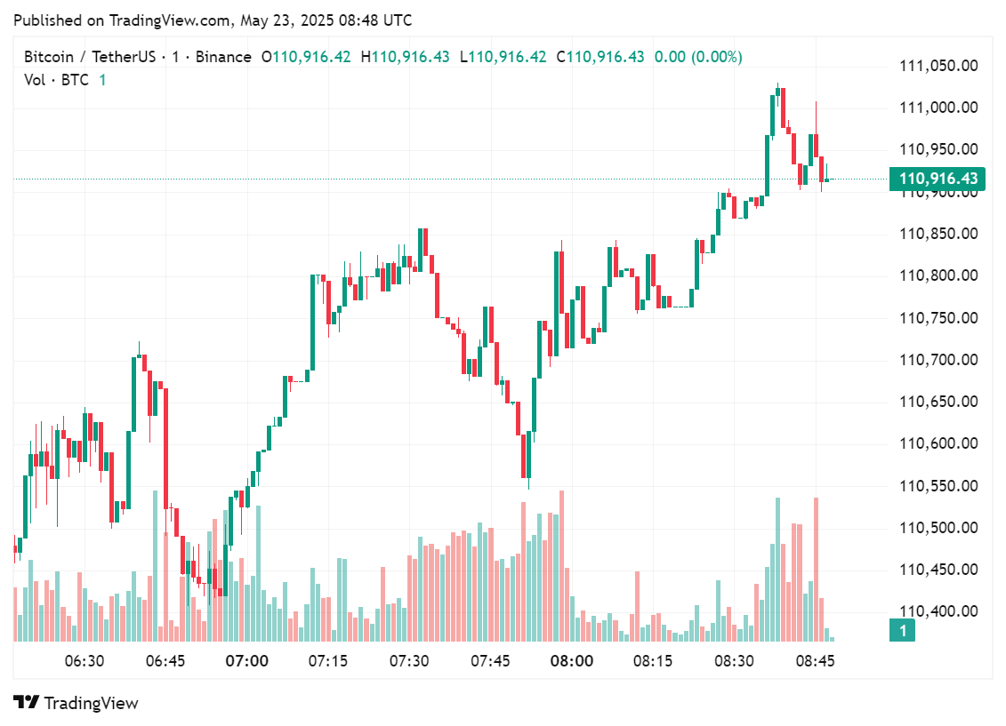 BTC price chart for the past few hours of trading, May 23, 2025 | Source: crypto.news