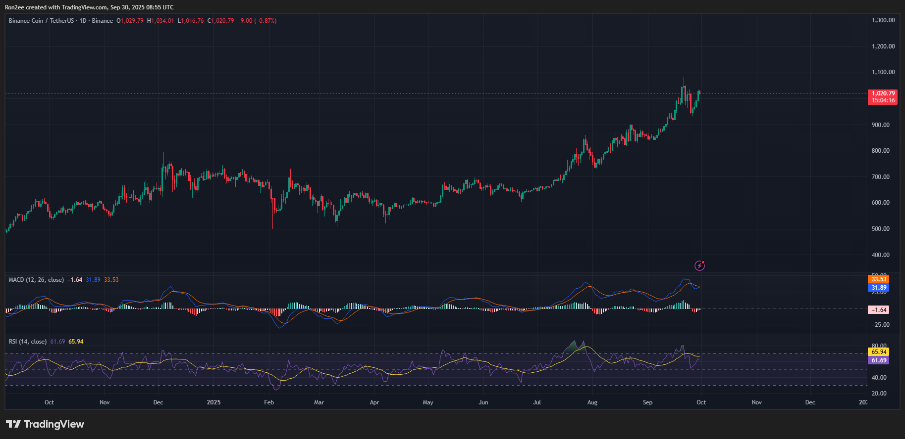 BNB MACD and RSI chart.