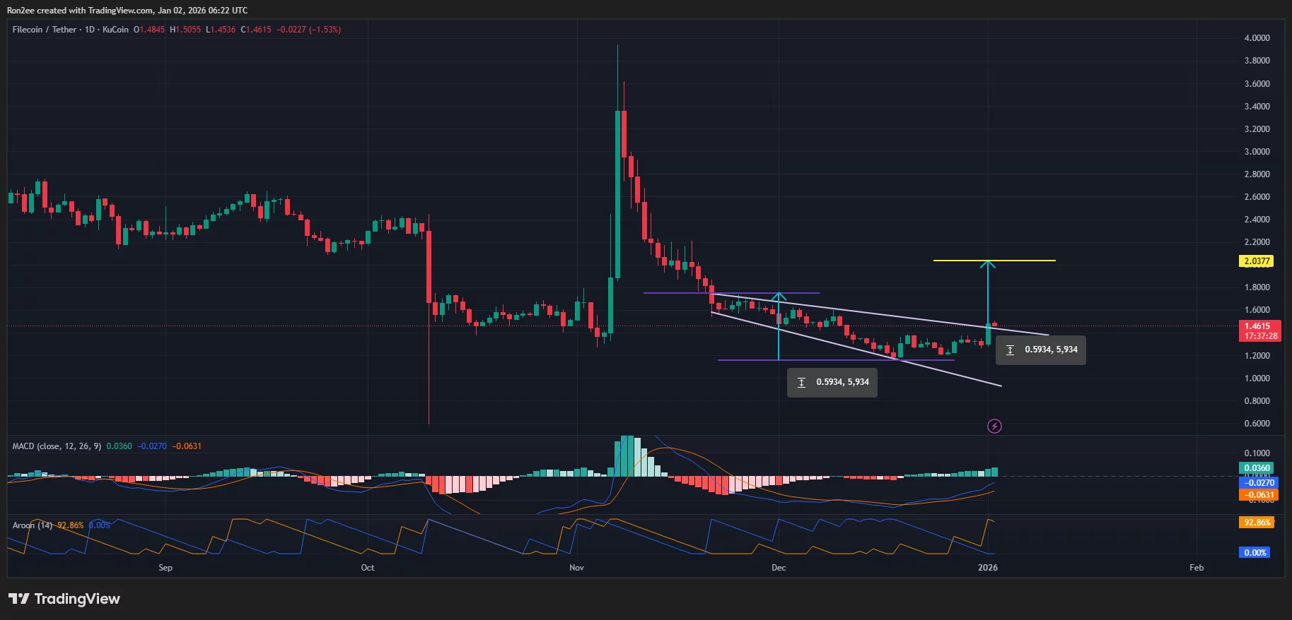 Filecoin price has confirmed a descending broadening wedge pattern on the daily chart.