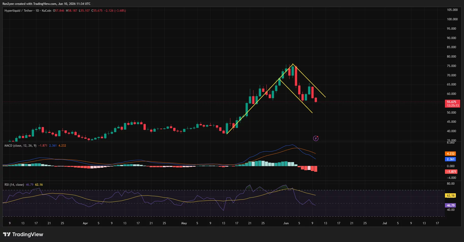Hyperliquid price has formed a bearish flag pattern on the daily chart.