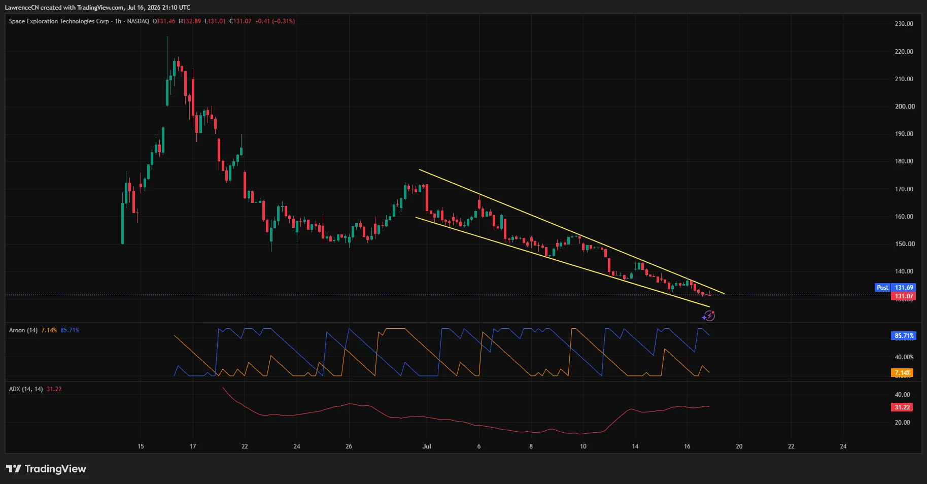 SpaceX one-hour chart shows price falling toward $131 within a descending channel.