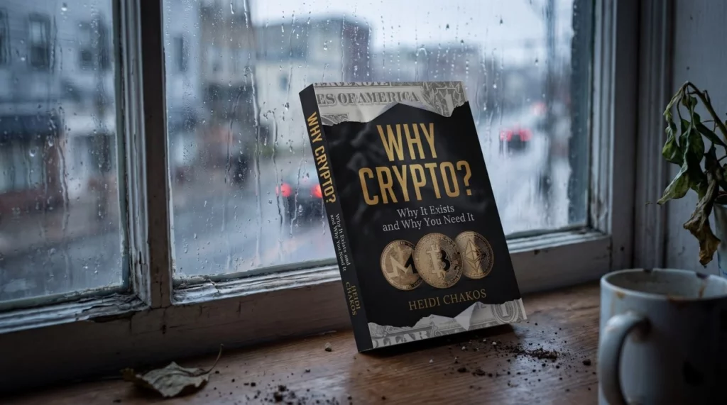 "Why Crypto?" by Heidi Chakos resting on a rainy windowsill, a top pick among cryptocurrency books for readers questioning the traditional financial system.