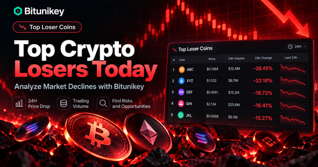 Bitunikey Top Crypto Losers Today dashboard illustrating falling cryptocurrency prices, 24-hour percentage losses, and trading volume.