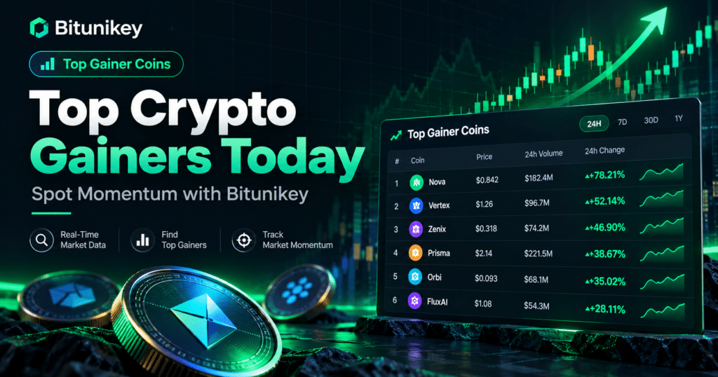 Bitunikey Top Crypto Gainers Today dashboard showing 24-hour price changes, trading volume, and cryptocurrency market momentum.