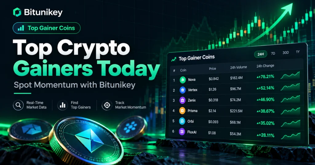 Bitunikey Top Crypto Gainers Today dashboard showing 24-hour price changes, trading volume, and cryptocurrency market momentum.